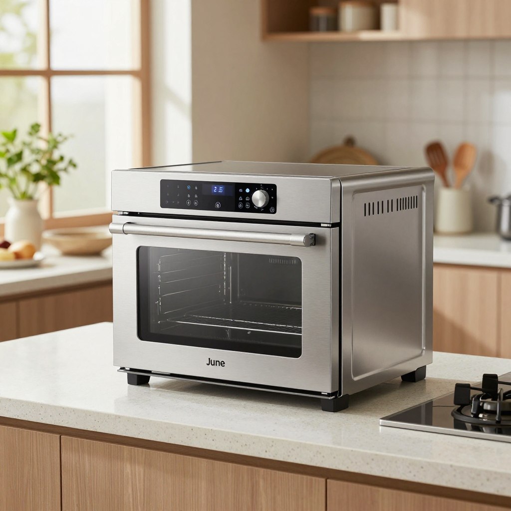 A sleek, modern June Oven displayed prominently in a contemporary kitchen setting, showcasing its elegant stainless steel finish and intuitive digital interface. The oven is positioned on a quartz countertop, illuminated by soft, natural light pouring in from a nearby window, enhancing its high-tech appearance. In the foreground, a detailed close-up of the oven's touch screen shows various cooking settings and temperature controls, highlighting its advanced features. The background includes stylish kitchen elements, such as potted herbs and kitchen utensils, to create a warm, inviting atmosphere. The image has a bright, airy feel, conveying the innovative technology and user-friendly design of the June Oven in a polished, professional manner.