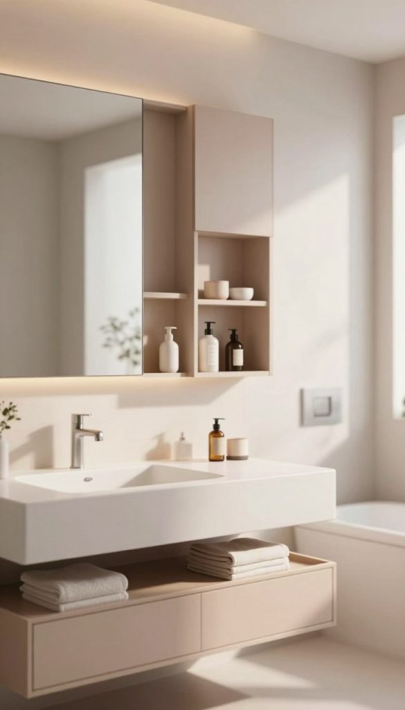 A sleek, modern bathroom featuring innovative hidden storage solutions seamlessly integrated behind elegant mirrors and vanity doors. In the foreground, a beautifully framed mirror reflects soft, natural light, highlighting a hidden compartment discreetly containing toiletries and small, organized items. The middle section showcases a stylish vanity with minimalist design, featuring smooth lines and contemporary finishes. A few open drawers reveal neatly stacked towels and additional storage options. The background is softly blurred, suggesting a tranquil atmosphere with muted pastel colors, enhancing the serene ambiance of the space. Warm, diffused lighting casts gentle shadows, creating an inviting and spacious feel, perfect for a modern bathroom design.