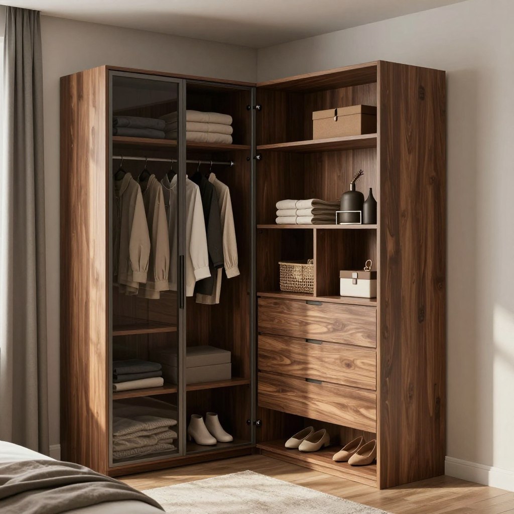 A sleek, modern corner wardrobe design showcased in a compact bedroom setting, illustrating innovative storage solutions for awkward spaces. The foreground features a beautifully organized wardrobe with sliding glass doors, revealing neatly arranged clothing, accessories, and shoes. In the middle, an elegant combination of open shelving and drawers creates a functional yet stylish appearance, with soft lighting highlighting the rich wood textures and minimalist handles. The background has subtle, muted tones that complement the wardrobe, while a cozy rug adds warmth to the room. Soft, diffused natural light filters through a nearby window, casting gentle shadows, creating an inviting and serene atmosphere. Emphasize a sense of order and modernity, with no people present in the image.