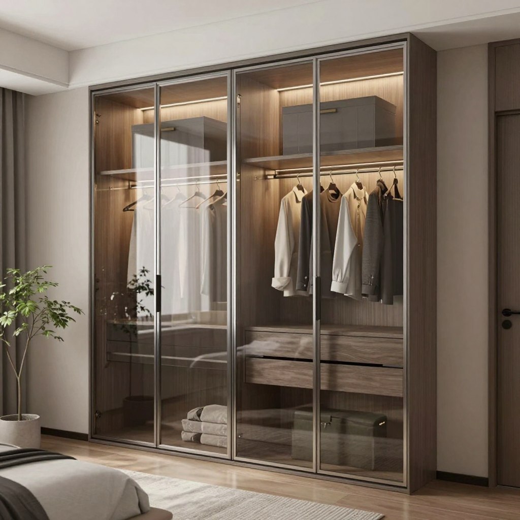 A sleek, modern glass panel sliding door wardrobe, showcasing a minimalist design with clean lines and a contemporary aesthetic. The wardrobe features floor-to-ceiling glass doors, framed by polished aluminum, reflecting soft, ambient lighting that highlights its elegance. Inside, the wardrobe is organized with neatly arranged clothing and accessories, utilizing a harmonious blend of wood and metal finishes. The setting is a compact, stylish bedroom with neutral-toned walls, accentuated by subtle decorative elements like a small potted plant and a cozy area rug. The atmosphere is calm and inviting, captured from a slightly angled view to emphasize the wardrobe's depth and spaciousness, using soft-focus background effects to enhance the wardrobe’s prominence in the image.