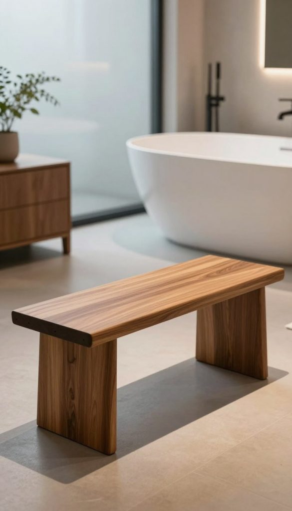A sleek, modern wooden bathroom bench crafted from rich, warm-toned oak, showcasing clean lines and minimalist design. The bench is positioned prominently in the foreground, highlighting its elegant structure and smooth finish. In the middle ground, a stylish bathroom is displayed, featuring a luxurious freestanding bathtub and chic, contemporary fixtures. Soft, natural light filters through a frosted glass window, creating a serene ambiance while casting gentle shadows. The background incorporates subtle hints of greenery, like small potted plants, adding to the overall tranquility of the space. The scene is captured from a slightly elevated angle to emphasize the bench’s design and the harmony of the luxurious bathroom setting, evoking a sense of relaxation and sophistication.