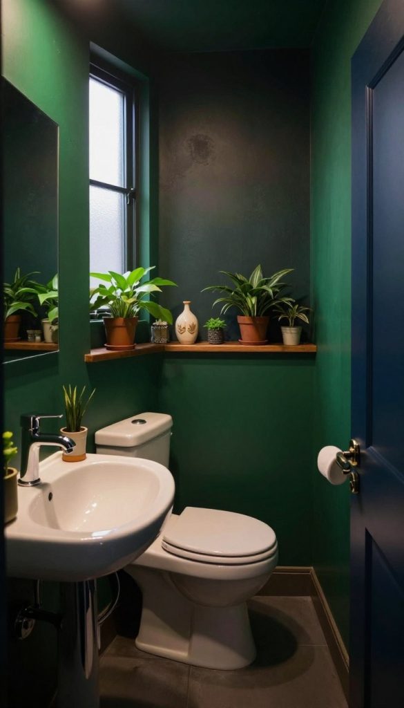 A small, elegantly designed powder room featuring moody paints in deep emerald green with rich navy accents. The foreground showcases a sleek, modern sink in polished chrome alongside a minimalist mirror reflecting subtle ambient lighting. The middle of the room reveals a compact yet stylish toilet and delicate shelves adorned with several potted plants and decorative items that enhance the rich colors. The background is softly illuminated, highlighting the textured wall with a dark, shadowy hue that draws attention to the vibrant color contrast. Warm, inviting light filters in through a frosted window, creating a tranquil and sophisticated atmosphere. The scene is composed as if shot from a slightly low angle, emphasizing the intimacy and depth of this small but impactful space.