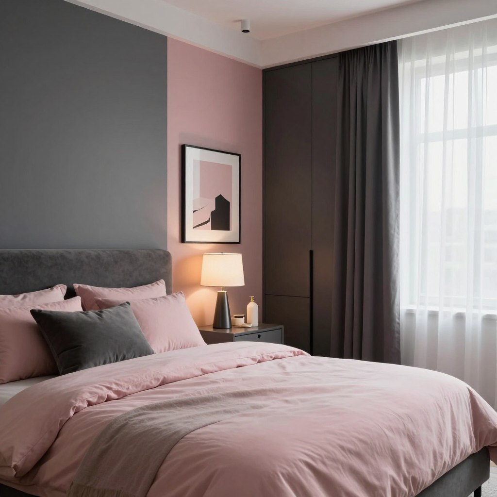 A sophisticated bedroom design featuring a two-tone wall color scheme of charcoal gray and blush pink. The foreground showcases a plush, inviting bed with blush pink bedding, accented with charcoal gray throw pillows. In the middle ground, there is a stylish nightstand with modern decor, framed artwork that highlights the color palette, and a chic lamp providing soft, warm lighting. The background reveals a sleek wardrobe and a large window draped with sheer curtains, allowing natural light to filter in, enhancing the serene atmosphere. The overall mood conveys modern sophistication and tranquility, perfect for a restful retreat. The image should be captured with a slight angle for depth, emphasizing the harmonious blend of colors and textures without any human presence.