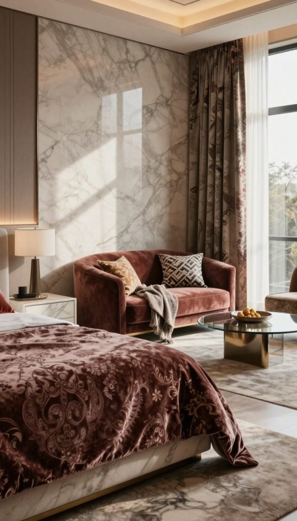 A sophisticated bedroom interior featuring an eclectic mix of rich textures, primarily showcasing opulent marble and velvet. In the foreground, a plush velvet bedspread adorned with intricate patterns softly contrasts with a polished marble nightstand. The middle ground reveals a stylish seating area with a velvet armchair, scattered patterned cushions, and a chic glass coffee table. The backdrop includes soft, muted marble walls with delicate, mixed-pattern drapes framing a large window that lets in warm, natural light. The overall atmosphere exudes modern luxury, enhanced by warm ambient lighting that casts gentle shadows, creating a cozy and inviting space perfect for relaxation and elegance.