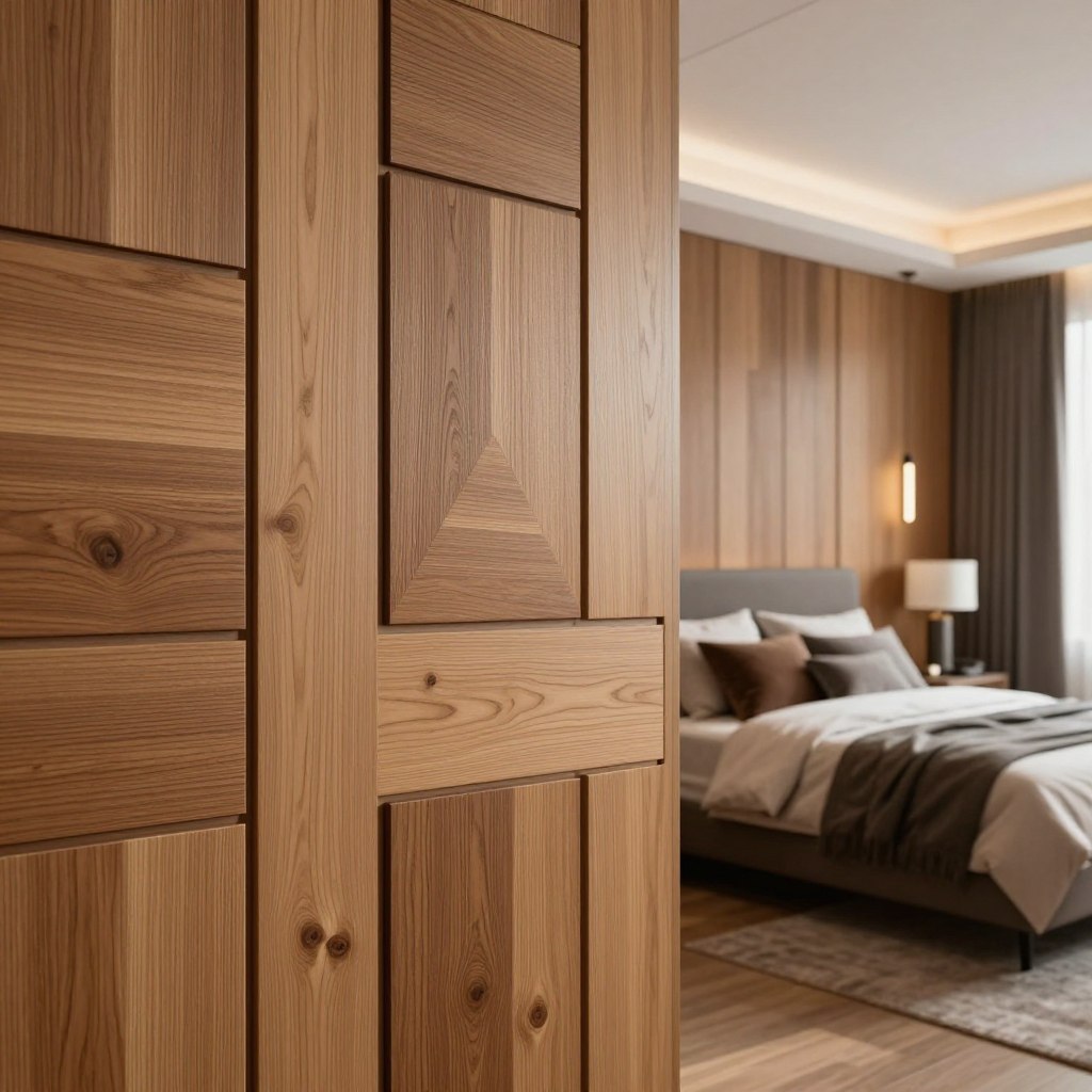 A sophisticated interior scene showcasing 3D wood wall panel ideas for a contemporary bedroom. In the foreground, a detailed close-up of several wood panel designs featuring intricate textures and patterns, such as geometric shapes and natural wood grains. The middle ground reveals a slightly zoomed-out view of a stylish bedroom, with lush bedding and modern furniture that complements the wood panels. The background features soft, diffused lighting that creates a warm, inviting atmosphere, highlighting the natural tones of the wood. The angle captures the essence of modern design, emphasizing the depth and dimension of the panels on the walls. The overall mood is luxurious and contemporary, inviting viewers to envision these elegant decor ideas in their own space.
