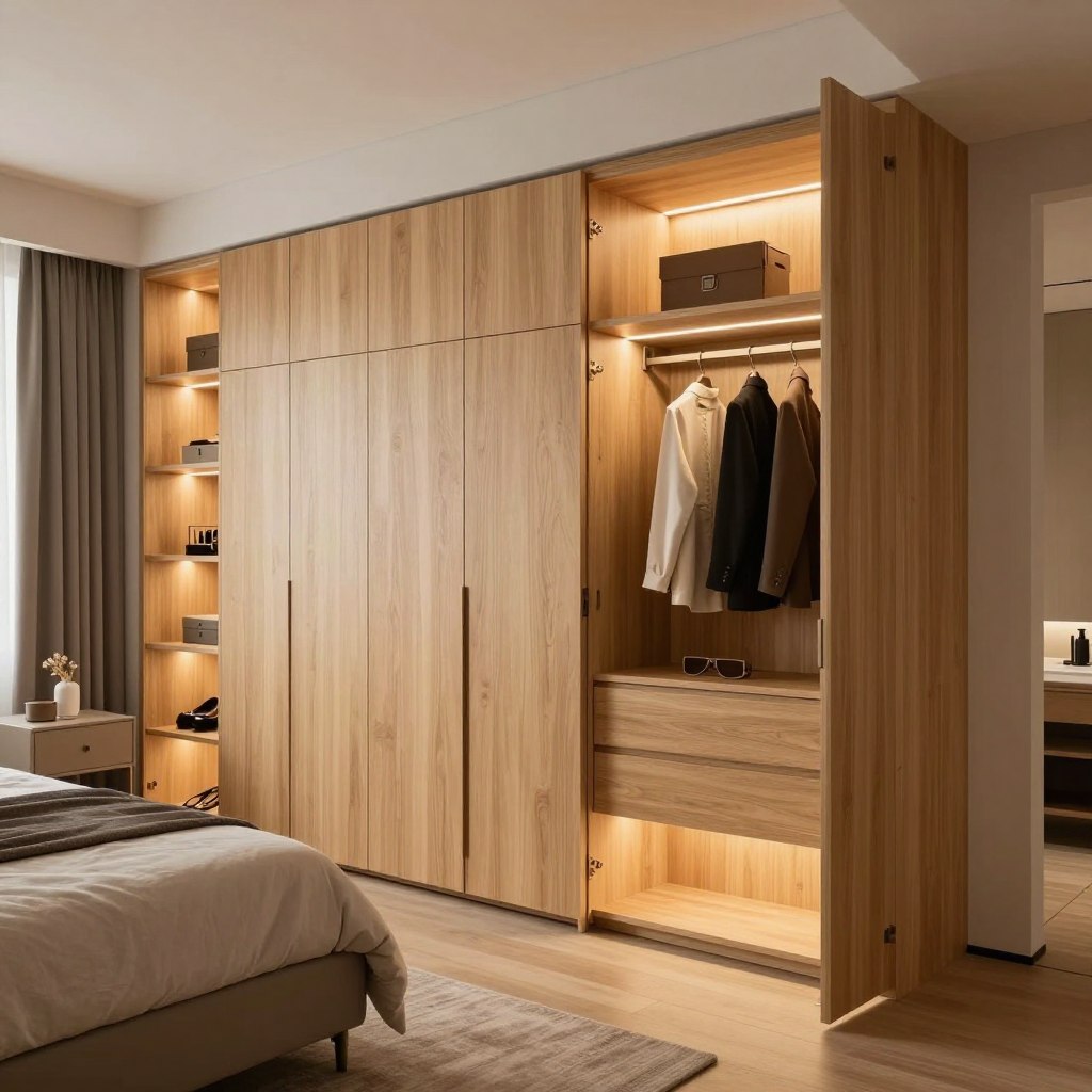 A spacious master bedroom featuring modern built-in wardrobes with sleek designs. The wardrobes, crafted from light oak wood, include integrated LED lighting that highlights the contours and shelves, creating a warm and inviting atmosphere. In the foreground, a stylish wardrobe door stands slightly ajar, revealing neatly organized accessories and clothing illuminated by soft ambient light. The middle section showcases multiple wardrobe units with smooth finishes and minimalist handles, all bathed in a gentle glow. In the background, a cozy bed with plush bedding and elegant nightstands enhances the room's sophistication. The overall lighting is warm and inviting, with a focus on creating an organized and stylish living space, captured from a slightly elevated angle that emphasizes the depth and layout of the wardrobes.