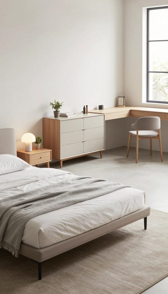 A spacious minimalist bedroom showcasing multi-functional modern furniture. In the foreground, an elegant sofa bed with sleek lines, accented by a light gray throw blanket, doubles as a cozy seating area. To the side, a stylish wooden bedside table features a minimalist lamp and a small potted plant. In the middle ground, a contemporary dresser with clean finishes offers ample storage, while a wall-mounted desk reflects clever use of space, complete with a simple chair. The background is softly illuminated by natural light streaming through large windows, enhancing the airy atmosphere. The color palette is neutral with soft whites and muted earth tones, creating a calming, inviting mood ideal for modern living.