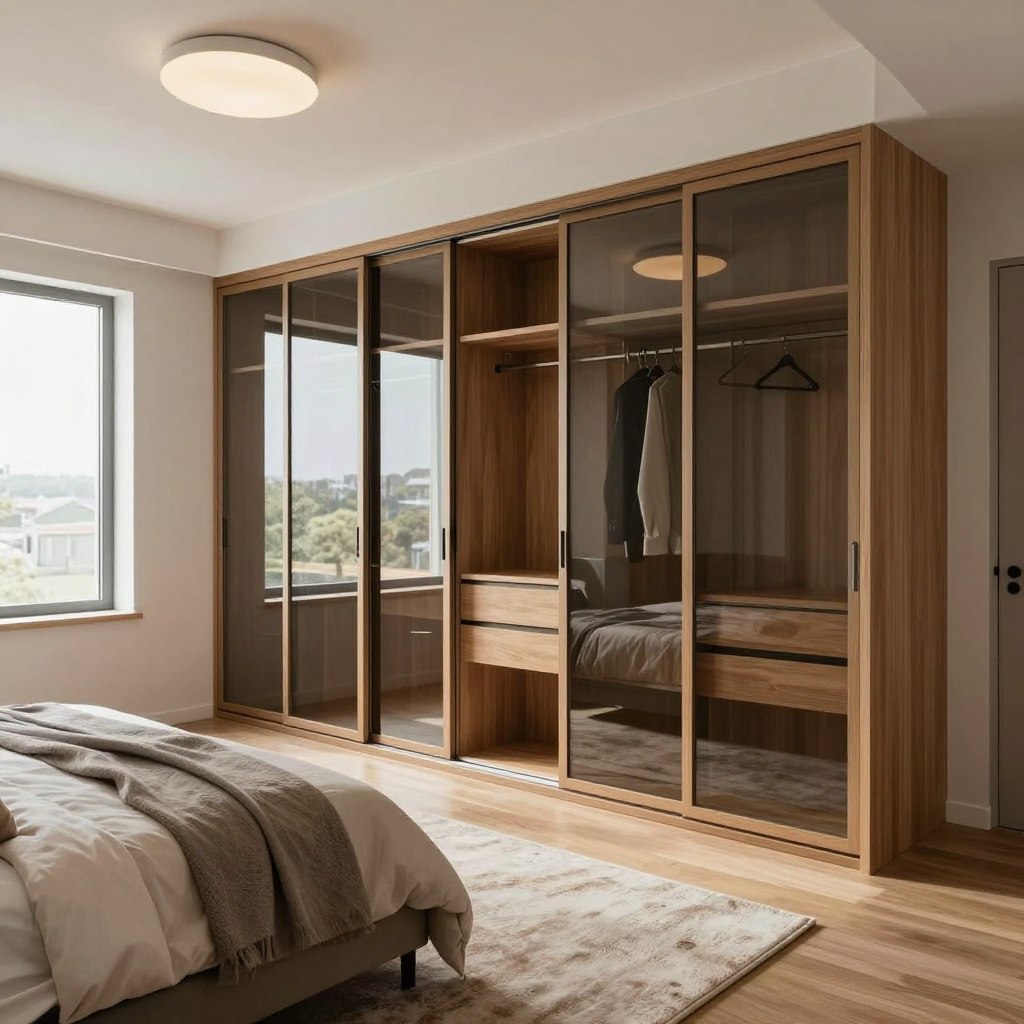 A spacious, modern bedroom featuring floor-to-ceiling sliding door wardrobes, elegantly designed to maximize storage space. The wardrobes are framed in sleek, minimalist wood, with reflective glass panels that enhance the room's natural light. In the foreground, a plush area rug adds warmth and comfort, while stylish bed linens in soft, neutral tones create a cozy atmosphere. The middle ground showcases the wardrobes in detail, highlighting built-in shelves and hanging spaces. A contemporary ceiling light casts a soft glow, creating an inviting ambiance. In the background, a large window allows natural sunlight to fill the room, accentuating the overall design. The composition conveys a sense of organization and tranquility, ideal for small living spaces.