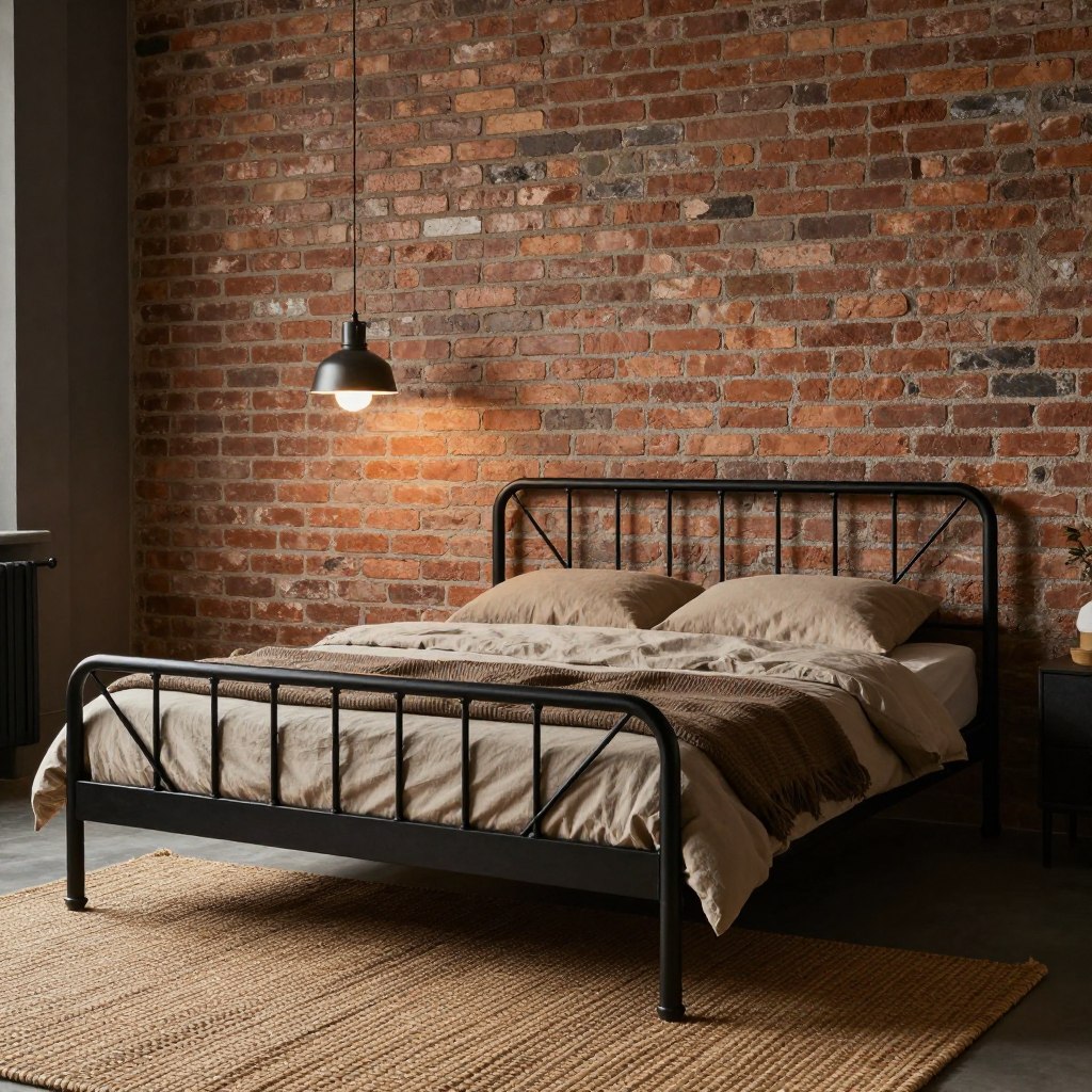 A striking industrial style bed frame takes center stage, crafted from robust black metal with an intricate geometric design. The bed is dressed in earthy-toned linens, providing a cozy contrast to the frame. In the foreground, a thick, woven area rug anchors the scene with its rich texture. In the middle, a large, exposed brick wall serves as a rugged backdrop, enhancing the industrial vibe of the room, while subtle shadows play across the surface. The lighting is soft and diffused, emanating from a vintage pendant lamp hanging overhead, casting warm glows that create an inviting atmosphere. The overall composition is shot from a slightly elevated angle to capture the entire bed frame and its details, evoking a sense of modern elegance within a raw, urban setting.