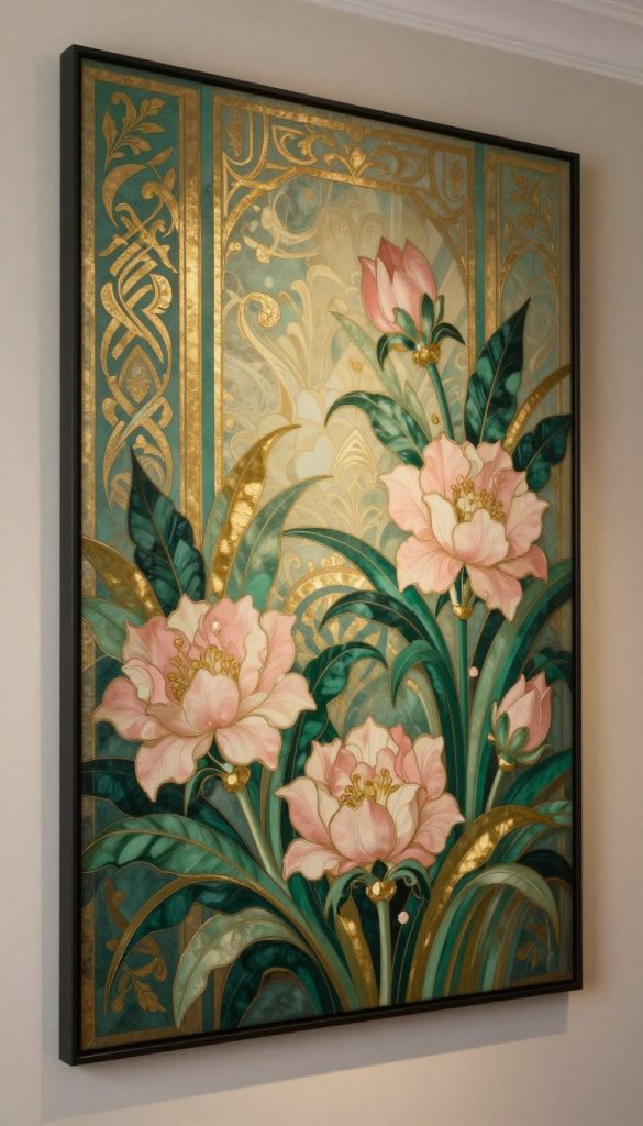A stunning vintage floral wall art piece, showcasing a rich tapestry of Art Deco elegance. In the foreground, delicate, stylized flowers are intricately painted, featuring deep emerald greens, soft blush pinks, and hints of golden accents, arranged in a harmonized pattern. The middle ground captures a softly textured wall, adorned with elegant patterns that suggest a bygone era. In the background, a subtle play of light creates a warm ambiance, highlighting the contours of each floral design. The lighting is soft and diffused, evoking a serene atmosphere, while the perspective is slightly angled to emphasize depth. This artwork exudes sophistication and timeless beauty, perfect for enhancing a high-end bedroom aesthetic.