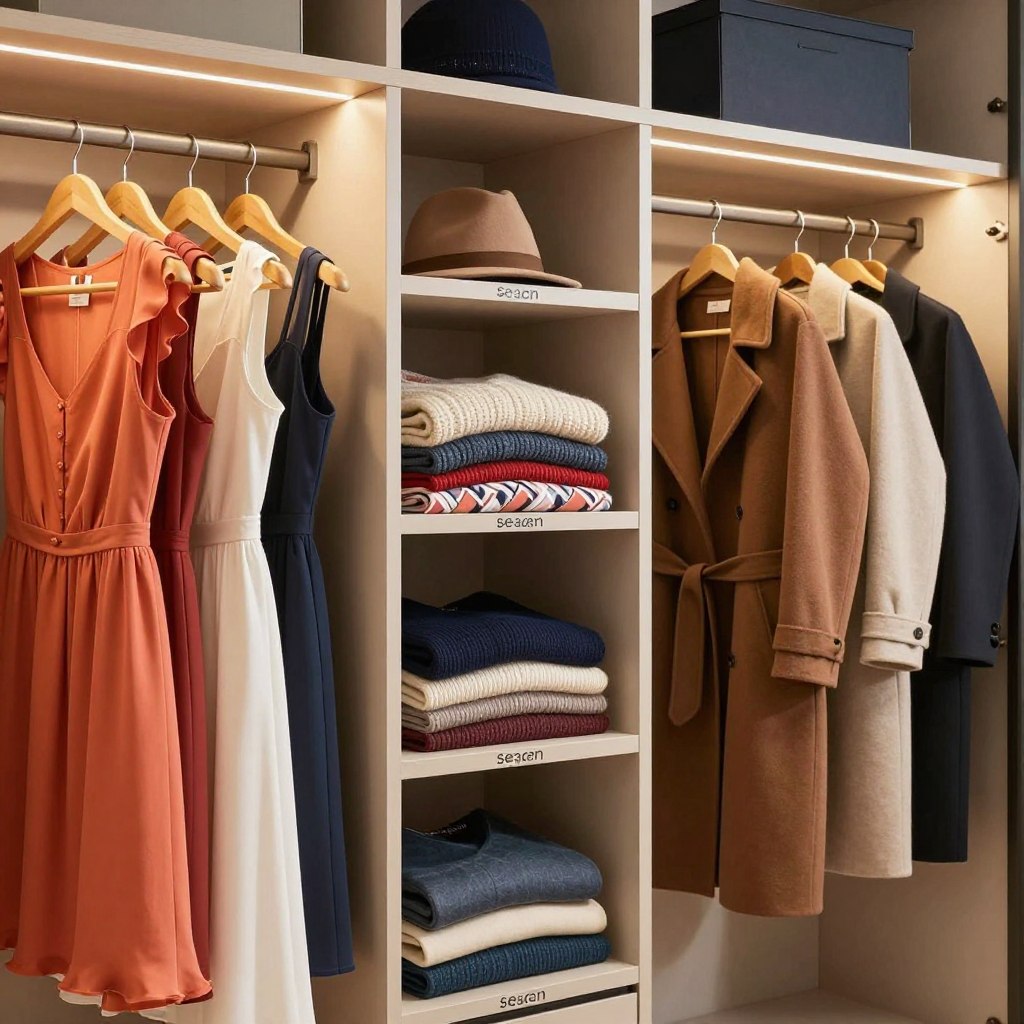 A stylish and organized wardrobe interior showcasing seasonal clothing storage solutions. In the foreground, neatly arranged categories of clothing: vibrant summer dresses on one side, and elegant winter coats on the other, displayed on matching wooden hangers. In the middle, shelves featuring intricately folded sweaters and seasonal accessories like scarves and hats, color-coordinated and labeled by season. The background reveals a modern wardrobe design with sliding doors, soft LED lighting illuminating the space, casting a warm glow. The scene is viewed from a slight angle to add depth, creating a harmonious and efficient atmosphere that inspires organization and creativity in wardrobe management. The overall mood is inviting and sophisticated, perfect for presenting smart organizational ideas.