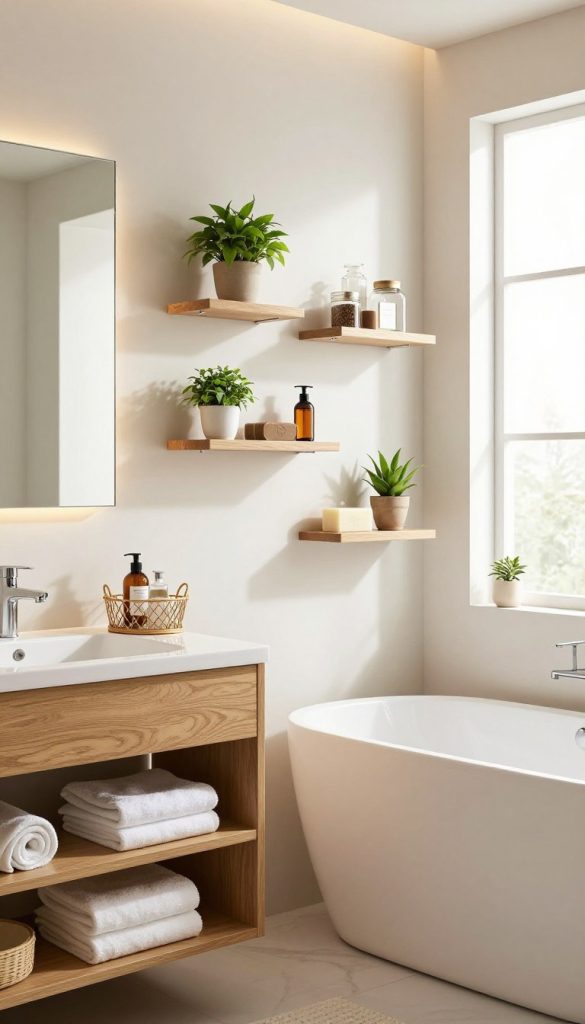 A stylish bathroom featuring smart storage solutions, organized and clutter-free. In the foreground, a sleek wooden vanity with open shelving displaying neatly arranged towels and toiletries; a decorative basket holds essential items. The middle showcases elegantly designed wall-mounted shelves with potted plants, luxurious soaps, and decorative jars, all contributing to a sophisticated ambiance. The background displays a modern bathtub with soft, ambient lighting that highlights the serene atmosphere. A large mirror reflects the organized space, creating a sense of depth. The scene is bright and airy, with natural light streaming in from a frosted window, enhancing the tranquility of the room. The overall mood is calm, inviting, and beautifully organized, perfect for showcasing smart storage solutions in a stylish bathroom.
