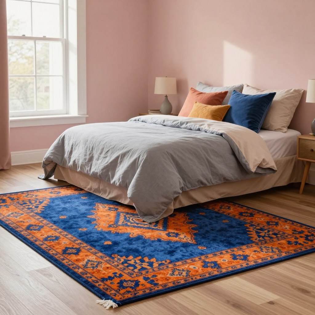 A stylish bedroom setting showcasing a beautifully coordinated rug that complements the color palette of the room. In the foreground, a vibrant rug features a mix of deep blue and bright orange patterns, placed on a soft, neutral-toned hardwood floor. In the middle, there’s a cozy bed draped in lush linens with contrasting hues of light gray and soft beige, accentuated by colorful throw pillows. The background includes a wall decorated in a soothing pastel shade, with a subtle textured finish, and a large window allowing warm, gentle sunlight to flood the room, creating a serene and inviting atmosphere. The image captures the essence of complementary contrast, illustrating dynamic style through bold yet harmonious colors. No people are present in the scene.
