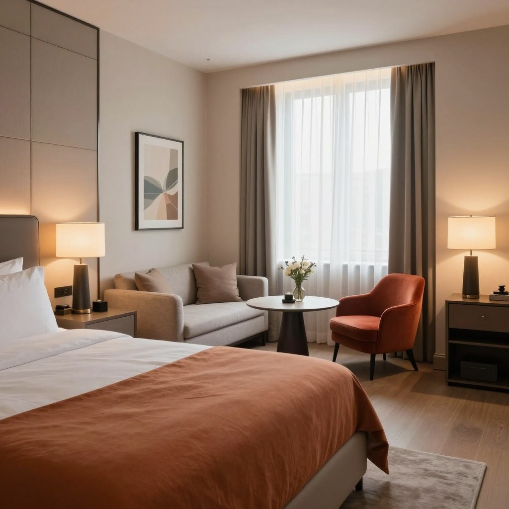 A stylish boutique hotel bedroom featuring elegant furniture with clean lines. In the foreground, a sleek, modern bed with a high-quality upholstered headboard, adorned with rich linens in warm tones. On either side, minimalistic nightstands with geometric lamps casting soft, warm light. In the middle, a chic sitting area with a contemporary accent chair and a small coffee table, showcasing a tasteful arrangement of decor. The background includes a large window with sheer curtains allowing natural light to stream in, enhancing the inviting atmosphere. The color palette is a blend of soft neutrals and a few bold accent colors for a sophisticated touch. The overall mood is tranquil and luxurious, reminiscent of a high-end boutique hotel experience, perfectly encapsulating a refined and welcoming ambiance.