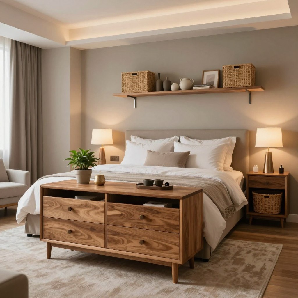 A stylish boutique hotel bedroom showcasing smart storage solutions. In the foreground, an elegant wooden dresser with neatly organized drawers, beautifully adorned with decorative items such as a small potted plant and a chic lamp. In the middle, a luxurious bed with plush pillows and a minimalistic throw, set against a sophisticated accent wall. Stylish storage solutions like floating shelves and woven baskets blend seamlessly with the decor, promoting a clutter-free environment. The background features soft diffused lighting, casting a warm glow throughout the room, enhancing the serene atmosphere. A subtle color palette of soft neutrals and earth tones offers a calming effect, while a plush area rug adds texture, inviting comfort and tranquility to the space.