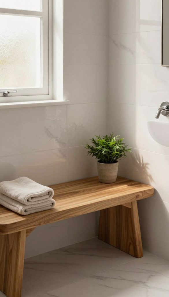 A stylish corner bathroom bench crafted from warm, natural wood, positioned snugly in a modern bathroom setting. The bench features a sleek, minimalist design with soft curves, perfect for optimizing space. In the foreground, the bench is adorned with plush, neutral-toned towels and a small potted plant for a touch of greenery. In the middle ground, elegant white marble tiles reflect gentle daylight streaming in from a frosted window, enhancing the luxurious ambiance. The background features subtle silver fixtures and tasteful decor, maintaining an uncluttered, serene atmosphere. The scene is softly illuminated by warm, diffused lighting, creating a welcoming and tranquil vibe ideal for relaxation. The angle captures the bench from a slightly elevated perspective, emphasizing its function and aesthetic appeal without any human presence.