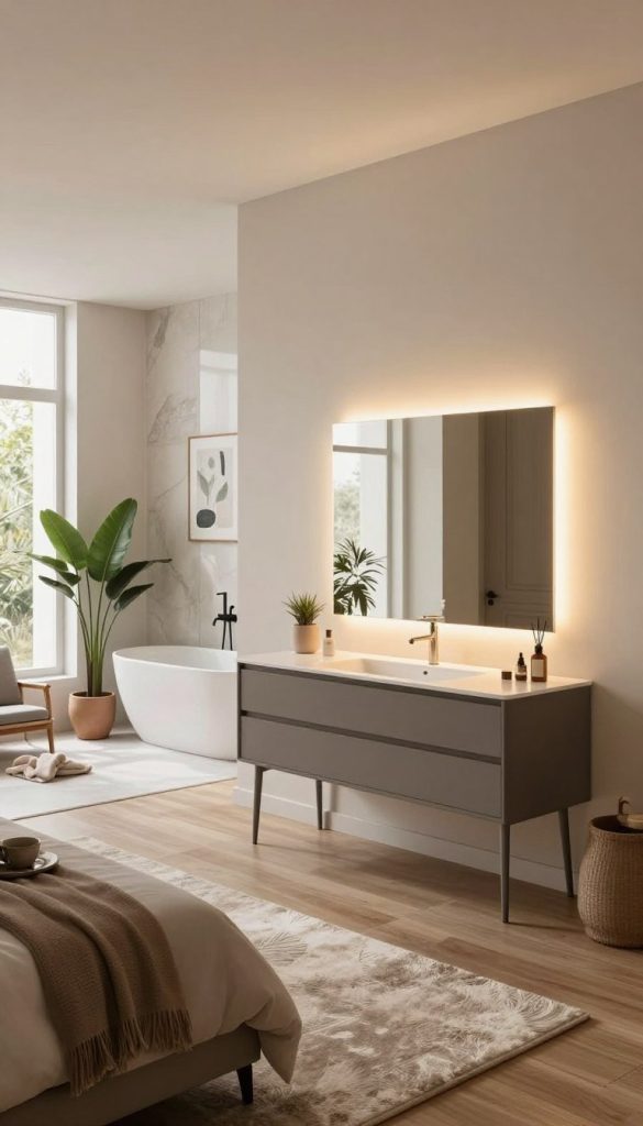 A stylish dual-purpose vanity in an open floor plan bedroom, seamlessly integrating elegant design for both bedroom and bathroom use. In the foreground, a sleek, modern vanity with a large mirror, surrounded by soft, ambient lighting that creates a warm and inviting atmosphere. The middle layer features a plush area rug and tasteful decor elements, like potted plants and framed artwork, enhancing the intimate setting. In the background, the open space reveals a luxurious bathroom with a spa-like feel, complete with a soaking tub and tasteful fixtures, blending functionality with comfort. The scene is captured from a wide-angle perspective, showcasing the harmonious design elements. Natural light streams through large windows, adding a cheerful and uplifting ambiance.