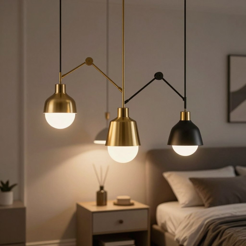 A stylish interior showcasing a variety of adjustable pendant light designs featuring swing arms. The foreground displays three uniquely designed pendant lights in elegant finishes like brushed brass and matte black, suspended at different heights to highlight their adjustable features. In the middle ground, a modern bedside table complements the lights, topped with minimal decor to enhance the focus on the lighting. The background features a softly lit, cozy bedroom setting with muted colors, creating a warm and inviting atmosphere. The lighting is soft and diffused, casting gentle shadows and highlighting the textures of the surfaces. Capture this scene from a slightly elevated angle, emphasizing the interplay of light and design without any people present.