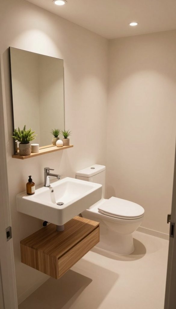 A stylish, modern powder room featuring compact fixtures designed for optimal space efficiency. In the foreground, showcase a sleek wall-mounted sink with a minimalistic faucet, surrounded by creative storage solutions like open shelves adorned with decorative jars and small plants. The middle ground highlights a compact toilet with an elegant design that blends seamlessly into the overall aesthetic. In the background, soft, ambient lighting emanates from recessed fixtures, enhancing the room’s atmosphere, and a large, well-placed mirror reflects the space, making it appear larger. Use a warm color palette with natural wood accents, and ensure the scene is inviting and cozy, emphasizing functionality without compromising style. The angle should be a slightly elevated perspective, capturing the full scope of this small yet impactful design.