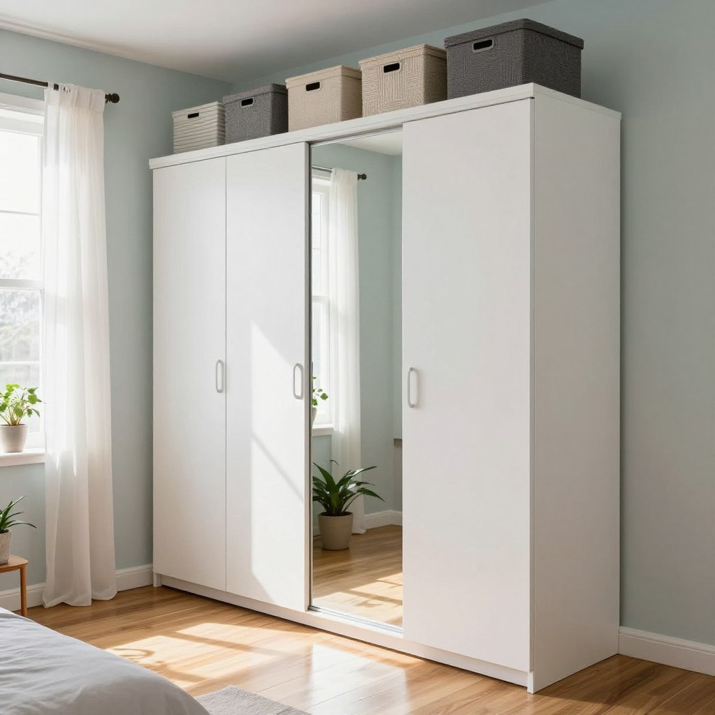 A stylish, modern small bedroom featuring a floor-to-ceiling wardrobe that maximizes vertical space. The wardrobe, made of sleek white wood, has mirrored sliding doors that reflect light, creating an illusion of spaciousness. The foreground showcases the edge of the wardrobe with decorative storage bins on top, adding a personal touch. In the middle ground, the room is softly lit by natural light streaming in through a window adorned with sheer curtains, enhancing the airy feel. The walls are painted in a light pastel color, and the wooden floor is polished to a warm sheen. In the background, subtle greenery from potted plants can be seen, contributing to a serene atmosphere. The image conveys an organized and inviting space, perfect for maximizing storage in a compact bedroom environment.