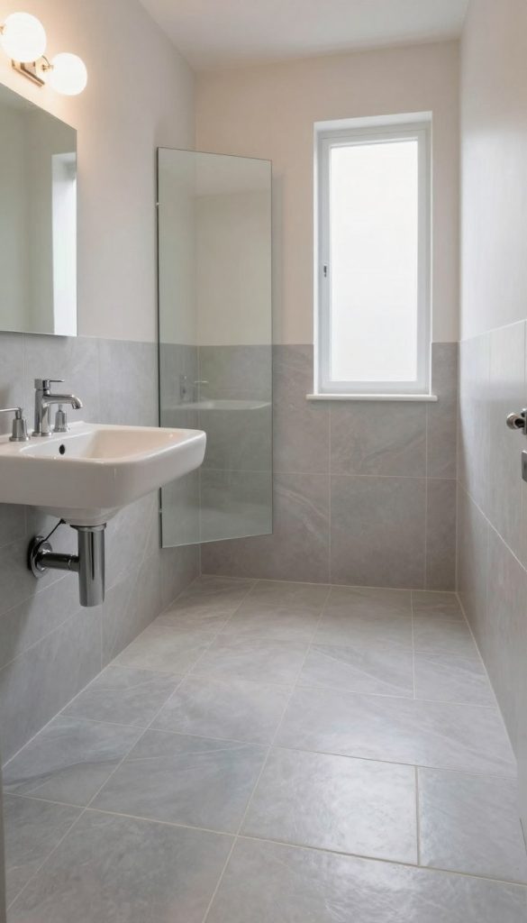 A stylish small bathroom featuring modern porcelain tile flooring in a light gray tone, reflecting a subtle sheen. The tiles are arranged in a diagonal pattern to create an illusion of space. In the foreground, a sleek, wall-mounted sink with chrome fixtures complements the minimalist design. The middle area showcases a large frameless mirror, enhancing the luminosity of the space, while the background features a soft, light-colored wall with elegant, upscale lighting fixtures that cast a warm glow. Natural light streams in through a frosted window, accentuating the airy atmosphere. The mood is tranquil and inviting, ideal for a small powder room that feels spacious and contemporary.