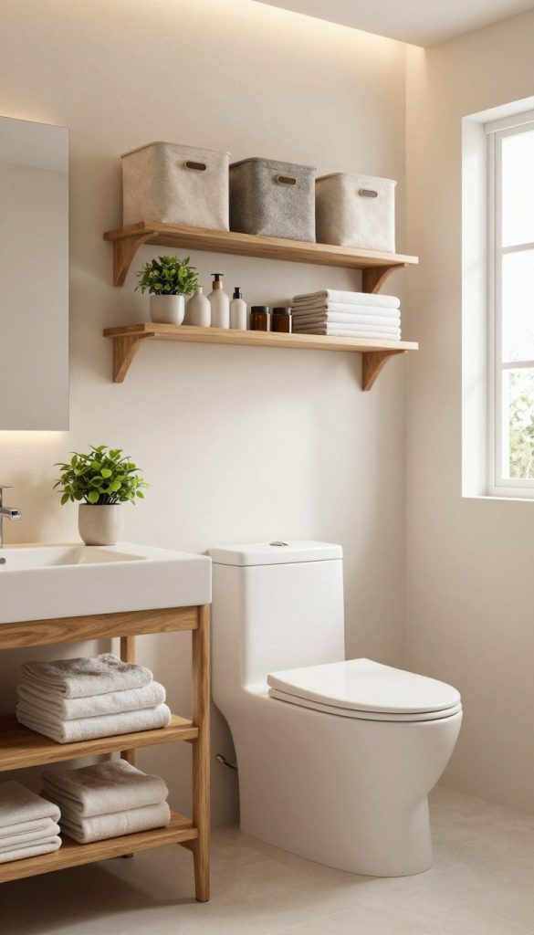 A stylish small bathroom showcasing efficient over-the-toilet storage solutions. In the foreground, an elegant wooden shelf unit neatly arranged with decorative storage bins, a potted plant, and a set of neatly folded towels, all designed to emphasize organization. The middle ground features a modern toilet, complementing the overall aesthetic with a sleek, minimalist design. In the background, soft, ambient lighting emanates from a small window, casting a warm glow over pale walls decorated with subtle textures. The overall mood is calming and organized, ideal for a space maximizing vertical storage to minimize clutter. The composition captures a wide angle to provide a comprehensive view of the layout, accentuating the clever use of space without any human presence.