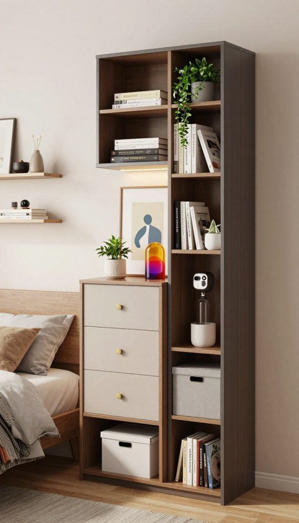 A stylish small bedroom showcasing innovative vertical storage solutions. In the foreground, feature a tall, sleek shelving unit with various compartments, filled with books, decorative plants, and small storage boxes. The middle layer includes a compact vertical dresser with a contemporary design, accented by vibrant decor and framed artwork hung above. In the background, a light-colored wall with mounted floating shelves supports additional decorative items and a soft, ambient light source illuminating the space. The scene captures a cozy, modern atmosphere with a zen-like feel, emphasizing organization and space-saving techniques. Bright, natural lighting enhances the colors and textures, showcasing an inviting and compact living environment.