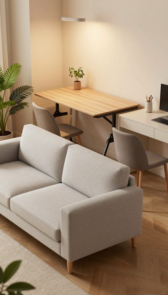 A stylish small bedroom showcasing multifunctional furniture designed for optimized layouts. In the foreground, feature a compact, convertible sofa bed, seamlessly transitioning to a comfortable sitting area. To the right, a sleek desk doubles as a nightstand, adorned with minimalistic decor. In the middle ground, an elegant, space-saving folding table is surrounded by versatile chairs that can be tucked away when not in use. The backdrop displays soft, ambient lighting casting a warm glow on light-colored walls, with potted plants adding a touch of greenery. Utilize a slightly elevated angle to capture the essence of space efficiency, emphasizing an inviting, organized atmosphere. Aim for a cozy and modern aesthetic, highlighting the potential of small spaces without any human subjects present.