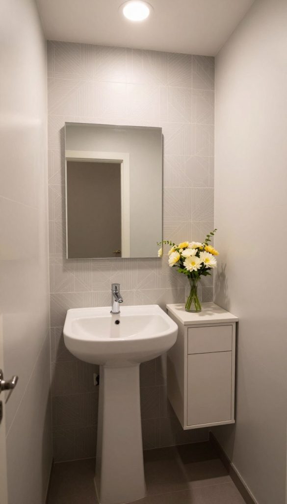 A stylish small powder room designed for maximum impact, showcasing chic decor elements. In the foreground, a sleek pedestal sink adorned with a modern faucet, complemented by a minimalist mirror above it. The middle ground features elegant wall tiles in soft gray and subtle geometric patterns, paired with a subtle color palette. A compact vanity unit with tasteful storage is to one side, adorned with a vase of fresh flowers for a touch of warmth. The background reveals tasteful lighting—soft, ambient fixtures casting a cozy glow. The overall atmosphere is serene and inviting, suitable for a sophisticated yet functional small bathroom design. Capture this scene with a wide-angle lens to emphasize space, highlighting the balance of style and practicality in a compact setting.
