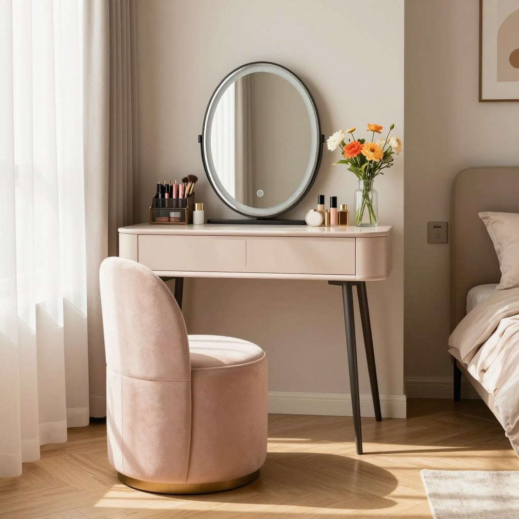 A stylish vanity and makeup station in a cozy master bedroom corner. In the foreground, a contemporary vanity table with a sleek, oval mirror and a plush, upholstered chair in soft pastel colors. The table is adorned with elegant makeup organizers filled with lipsticks, brushes, and skincare products. In the middle, soft natural light filters through sheer curtains, creating warm highlights on the wooden floor. A decorative vase with fresh flowers adds a touch of vibrancy. In the background, a serene corner of the master bedroom is visible, with light-colored walls and subtle artwork, contributing to a calm and inviting atmosphere. The image captures a feeling of tranquility and beauty, perfect for a functional and stylish space.