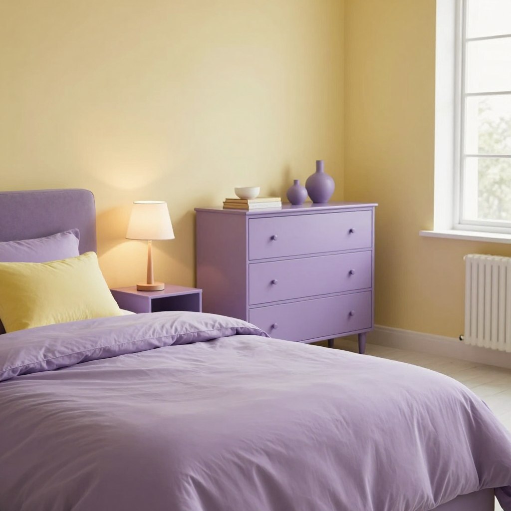 A tranquil bedroom interior showcasing a harmonious blend of dusty purple and pale yellow tones. In the foreground, a plush bed dressed in soft dusty purple linens with accent pillows in pale yellow. To the left, a stylish bedside table featuring a minimalist lamp with warm light casting gentle shadows. The middle ground features an elegant dresser painted in a complementary dusty purple, adorned with minimalist decor. In the background, a wall painted in a soft pale yellow serves as a bright backdrop, with a large window allowing natural light to flood the room, enhancing the cozy atmosphere. The scene is captured from a slightly elevated angle, creating a serene mood, inviting relaxation and comfort. No people are present in the image.