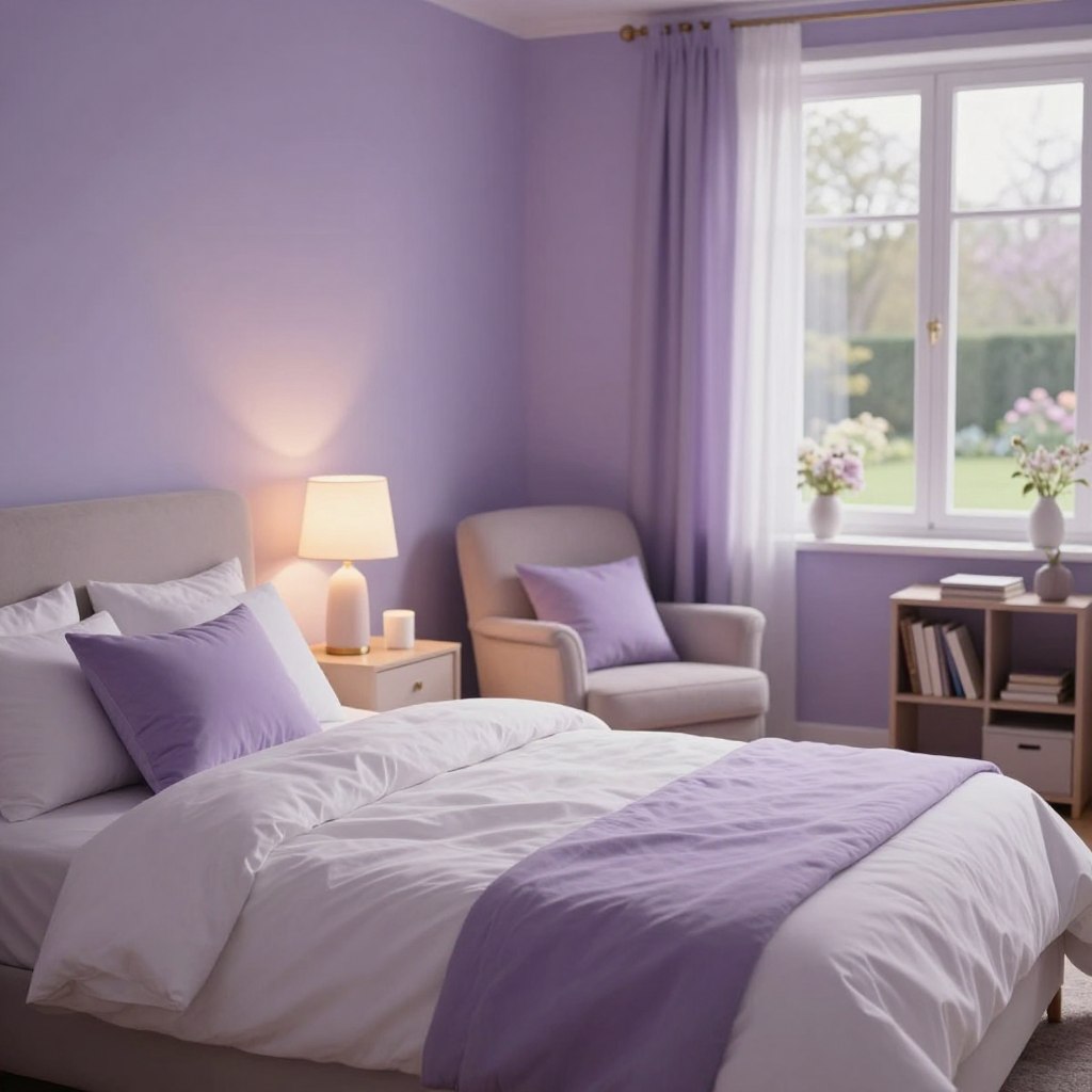 A tranquil bedroom with soothing lavender walls, softly illuminated by warm, diffused light filtering through sheer curtains. In the foreground, a neatly made bed adorned with plush white bedding and lavender accent pillows creates a serene focal point. On one side, a minimalist nightstand holds a softly glowing lamp and a few decorative items, emphasizing a calming atmosphere. In the middle ground, a cozy armchair in a light fabric complements the color scheme, positioned beside a small bookshelf filled with calming reads. The background features a window with a gentle view of a peaceful garden, enhancing the relaxing vibe. The overall mood is calm and inviting, perfect for a restful retreat, captured from a slight angle that showcases the room's harmonious design and color palette.