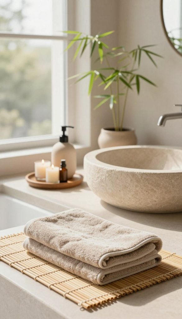 A tranquil zen-inspired bathroom setup featuring natural and soothing accessories. In the foreground, a bamboo bath mat and a soft, beige cotton towel neatly arranged. The middle ground showcases a sleek stone sink adorned with minimalist, organic-shaped soap dispensers made from matte ceramic and a small wooden tray holding scented candles and essential oils. The background features a serene, large window allowing soft, diffused sunlight to filter through, illuminating the space, and a potted bamboo plant in a simple clay pot for a touch of greenery. The overall atmosphere conveys a sense of calm and relaxation, evoking a spa-like retreat with harmonious earth tones and textures. The composition emphasizes balance and simplicity, enhancing the sensory experience.