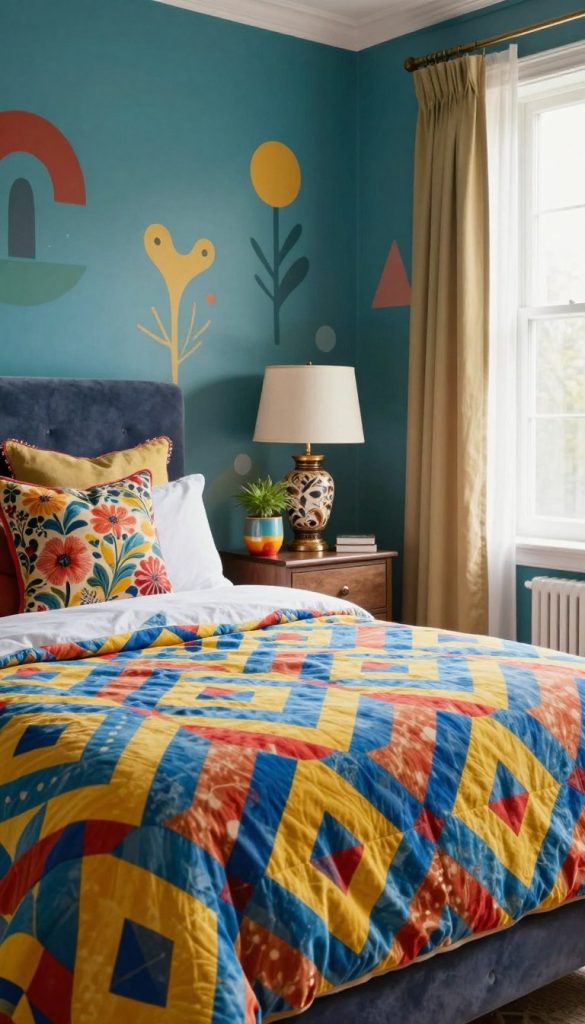 A vibrant, cozy bedroom design showcasing bold color palettes and intricate pattern-drenching techniques. In the foreground, plush bedding with geometric patterns in bright blues, yellows, and reds. Accent pillows add texture with floral and abstract designs. The middle ground features a stylish bedside table adorned with a decorative lamp and a small plant in a colorful pot. The walls are painted in a deep teal with a mural of whimsical shapes and colors, harmonizing with the bedding. Soft, diffused natural light streams through a large window, creating a warm and inviting atmosphere. The angle is slightly elevated, capturing the full dynamic of the room while emphasizing the playful yet sophisticated design.