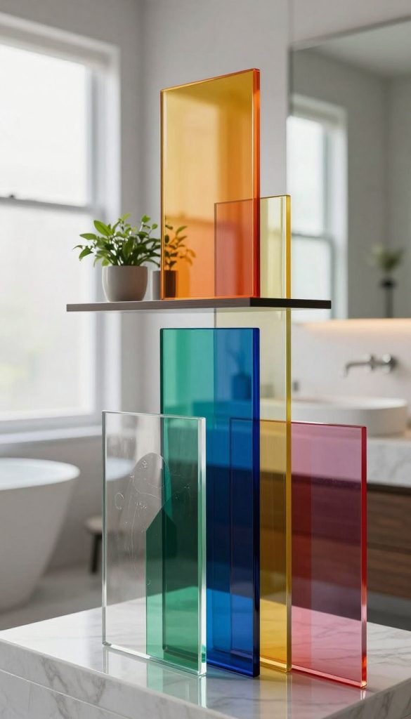 A vibrant display of acrylic and plexiglass art panels arranged in an elegant bathroom setting. In the foreground, sleek, minimalist panels reflect light, showcasing abstract forms and vibrant colors. The middle layer features a stylish floating shelf adorned with small potted plants, adding a touch of greenery to the scene. The background reveals soft, diffused natural light filtering through frosted glass windows, creating a serene atmosphere. Capture the reflective surfaces of the panels, highlighting their translucency and texture, while ensuring the overall mood is modern and sophisticated. Use a shallow depth of field to emphasize the art panels in the foreground, blurring the bathroom details softly behind.