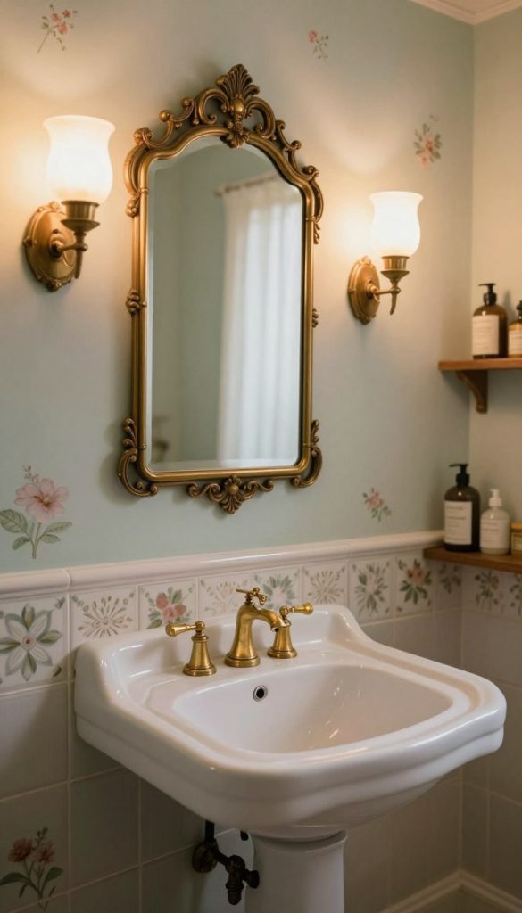 A vintage bathroom decorated with aesthetics from the early 20th century, featuring an ornate wall-mounted mirror with an antique brass finish. The foreground showcases a beautifully designed sink with elegant porcelain accents and vintage gold fixtures. Soft, warm lighting radiates from classic wall sconces on either side of the mirror, casting a gentle glow that enhances the decor. In the middle, a patterned ceramic tile floor adds charm, while pale pastel walls painted with floral motifs exude a timeless elegance. The background is adorned with vintage-style toiletries on a wooden shelf, creating an inviting atmosphere that feels both nostalgic and luxurious. The scene is captured with a soft focus effect, conveying a serene and tranquil mood.