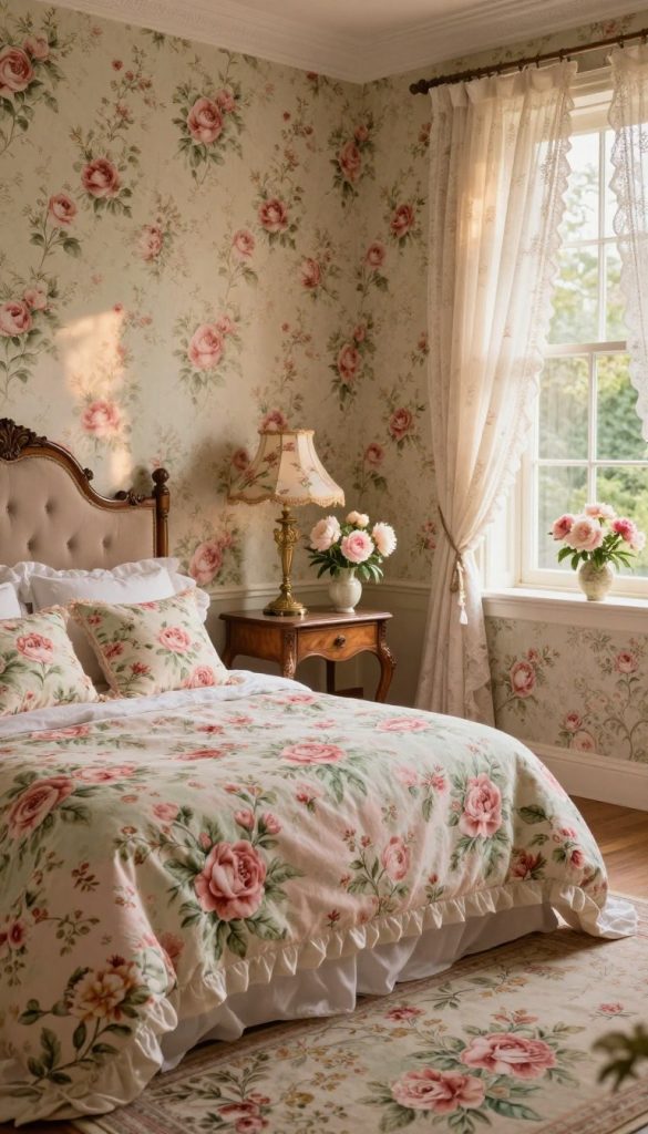 A vintage floral bedroom designed as an English garden sanctuary, featuring soft pastel wallpaper adorned with intricate rose patterns. In the foreground, plush bedding with vintage floral prints in pink and green hues, accented by decorative pillows. A beautifully crafted wooden bed frame with intricate carvings enhances the vintage feel. In the middle, a charming bedside table holds an antique lamp with a floral lampshade and a small vase of fresh peonies. The background reveals large windows with sheer lace curtains allowing warm, golden sunlight to filter through, illuminating the room softly. A vintage rug with floral motifs ties the space together, evoking a serene and timeless atmosphere reminiscent of a tranquil English garden retreat.