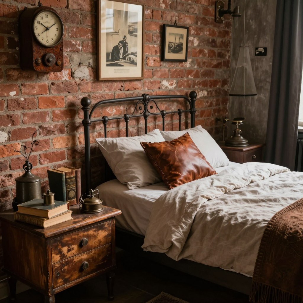 A vintage industrial bedroom, showcasing an authentic mix of retro and industrial elements. In the foreground, a distressed wooden bedside table laden with vintage books and antique metal accessories. The middle ground features a wrought-iron bedframe draped in soft, muted linens, accented with worn leather throw pillows. An exposed brick wall serves as the backdrop, enhancing the rugged charm of the space, adorned with vintage wall art and a rusted clock. Dim, warm ambient lighting casts soft shadows, creating a cozy yet stylish atmosphere. The scene is captured from a slightly elevated angle, emphasizing the layers of decor and inviting the viewer to explore the rich textures and colors of this curated vintage industrial space.
