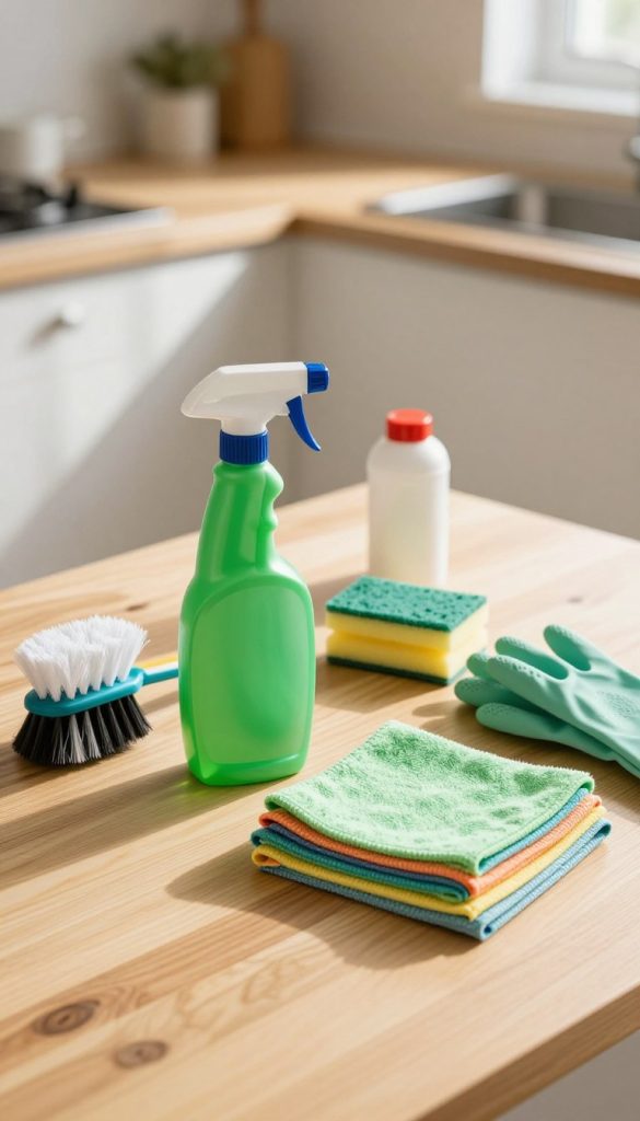 A visually appealing arrangement of various cleaning supplies on a pristine wooden table. In the foreground, there's a vibrant green spray bottle, a set of colorful microfiber cloths neatly folded, and a canister of all-purpose cleaner. In the middle ground, an assortment of cleaning brushes and sponges can be seen, along with a pair of rubber gloves. The background features a soft-focus of a sunlit kitchen with sparkling countertops, suggesting a clean and inviting environment. The lighting is warm and natural, casting gentle shadows that enhance the objects' textures. The overall mood is fresh, organized, and ready for action, encapsulating the spirit of preparation for a thorough home cleaning.