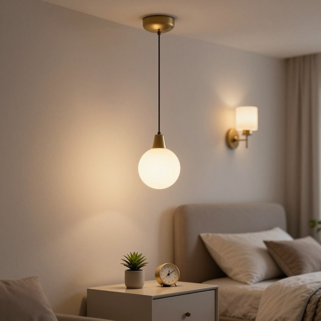 A visually appealing comparison scene showcasing a stylish pendant light and an elegant wall sconce designed for bedside lighting. In the foreground, the pendant light features a modern design with a warm, dimmable glow, suspended gracefully from a stylish ceiling fixture. Beside it, the sconce boasts a classic design, emitting a soft, ambient light against a beautifully textured wall. The middle ground displays a sleek bedside table with a neutral color palette, adorned with a small plant and a minimalist clock, enhancing the cozy atmosphere. The background is a softly blurred bedroom setting, filled with calming tones and textures that evoke a serene mood. The lighting is softly diffused, highlighting the unique characteristics of each light source, captured with a slightly elevated angle to emphasize their features.