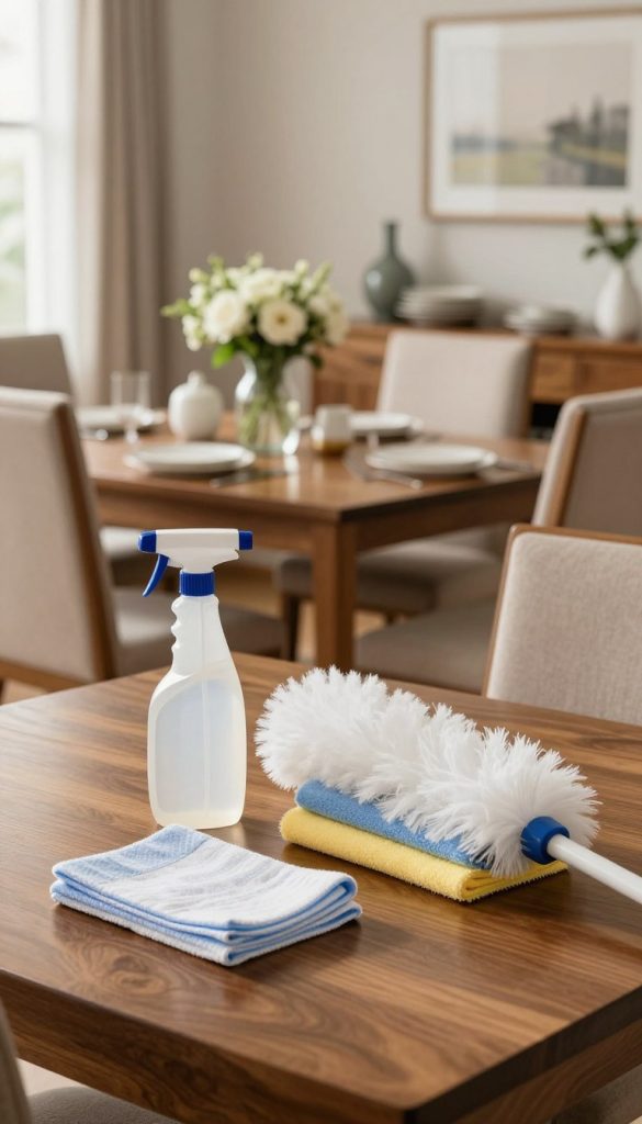 A well-lit, meticulously organized dining room showcasing essential maintenance tasks. In the foreground, a polished wooden dining table displayed with neatly arranged cleaning supplies: a spray bottle, microfiber cloths, and a duster. In the middle ground, a set of dining chairs neatly pushed in, with a centerpiece of fresh flowers in a vase, reflecting a homely ambiance. The background features a sideboard adorned with elegant dinnerware and decorative items, all illuminated by soft, natural light filtering through a nearby window. The overall atmosphere conveys a sense of cleanliness and preparation, emphasizing the importance of maintaining a welcoming dining space.