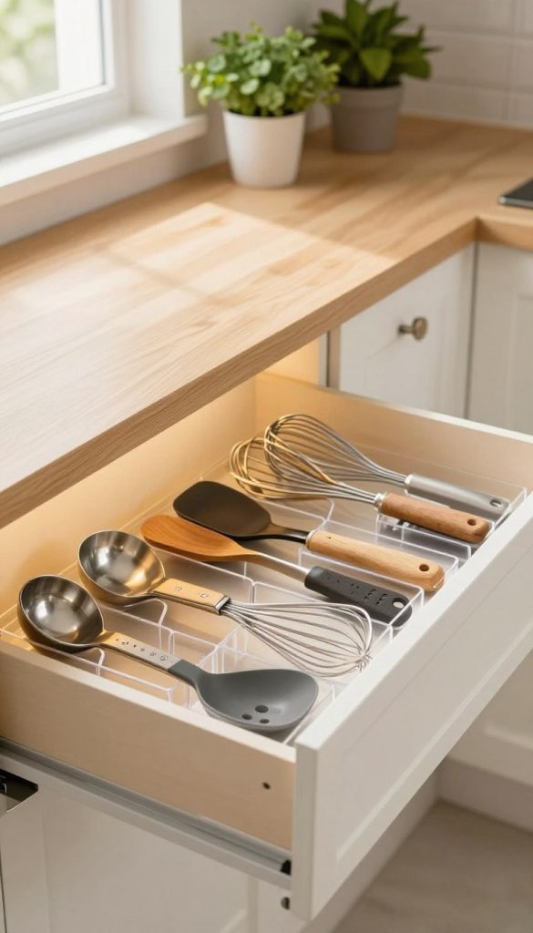 A well-organized kitchen drawer overflowing with neatly arranged utensils and tools, including measuring spoons, spatulas, and whisks, each categorized by type. The foreground showcases clear plastic drawer organizers holding items in a tidy fashion, while the middle layers reveal a softly lit wooden countertop surrounding the drawer, emphasizing warmth. The background features a clean kitchen with cabinets painted in a gentle white, accented by green potted herbs for a fresh touch. Soft, natural light flows through a nearby window, creating a peaceful and organized atmosphere conducive to cleaning and tidying. The overall mood is serene and inviting, reflecting the joy of maintaining an uncluttered, functional kitchen space.