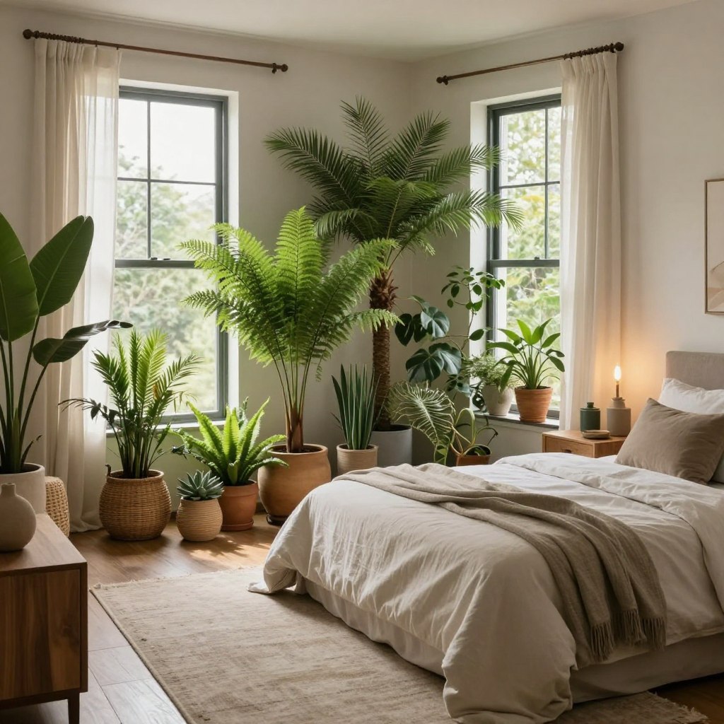 An eco-conscious elegant bedroom designed as a clutter-free sanctuary, featuring lush green plants in various sizes. The foreground includes a stylish, minimalist bed adorned with soft, neutral-toned linens, flanked by elegant wooden nightstands with decorative items. In the middle, an arrangement of potted plants—such as ferns and succulents—alongside natural materials like bamboo and rattan emphasizing earthy tones. The background showcases large windows allowing natural light to flood the space, with sheer curtains gently billowing, creating a serene atmosphere. Soft, ambient lighting accentuates the room's warmth, and a cozy area rug adds to the luxurious feel. The overall mood is tranquil and rejuvenating, capturing the essence of an earthy luxury retreat.