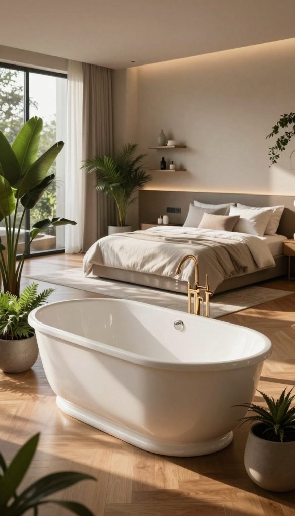 An elegant master suite design featuring a stunning freestanding bathtub as a focal point. In the foreground, the luxurious bathtub, crafted from white porcelain, sits elegantly on a polished wooden floor, surrounded by lush greenery in stylish planters. The middle ground showcases a chic, open layout with a plush king-sized bed adorned with soft, neutral-toned linens, paired with modern bedside tables. The background reveals large windows that flood the space with warm, natural light, highlighting the tasteful decor and minimalistic shelving. The atmosphere is serene and inviting, evoking a spa-like ambiance. Soft shadows play across the room, creating depth and a sense of tranquility, while the overall color palette features calming earth tones, accented with touches of greenery.