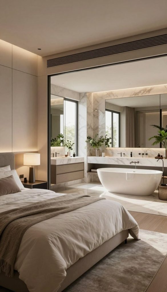 An elegant modern bedroom concept featuring an open layout seamlessly integrated with a luxurious bathroom. The foreground showcases a plush king-sized bed adorned with soft, neutral-toned linens and a stylish headboard. A minimalist bedside table holds a contemporary lamp, while decorative plants add a touch of nature. In the middle, the space flows into a sleek bathroom with a double vanity, a large mirror, and a freestanding soaking tub, all accented by shimmering fixtures. The background opens up to large windows allowing natural light to flood in, casting soft shadows across the room. The mood is serene and inviting, emphasizing a harmonious blend of comfort and sophistication, captured with a warm color palette in realistic detail. The composition is photographed at eye level with a wide-angle lens, highlighting the spaciousness and interconnectedness of the spaces.