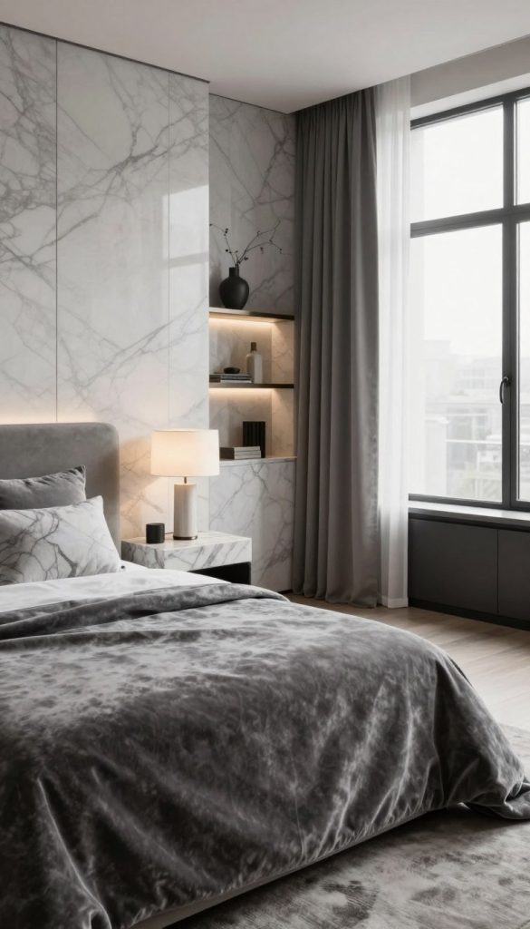 An elegant monochromatic bedroom featuring luxurious marble and velvet elements. The foreground showcases a plush velvet bedspread in deep shades of gray, adorned with minimalist marble-patterned pillows. On either side, sleek marble nightstands hold exquisite, modern lamps emitting soft, warm light. In the middle, a stylish area rug with subtle textures integrates seamlessly with the ambient decor. The background reveals a feature wall of polished marble, complemented by elegant shelving displaying curated decor items. Natural light floods the room through large windows, highlighting the serene atmosphere. The overall mood is calm and sophisticated, embodying modern luxury, with a polished, inviting aesthetic suitable for a tranquil retreat.