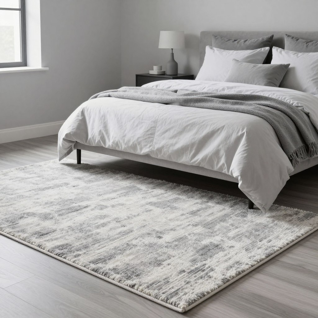 An elegantly styled bedroom featuring a plush rug that beautifully matches the wall color and bedding. The foreground showcases a textured rug in varying shades of soft gray and white, seamlessly blending with the room's monochromatic palette. In the middle ground, a stylish bed adorned with matching pillows and throws complements the rug's colors, creating a harmonious look. The background features light gray walls and minimalist decor, enhancing the cohesive atmosphere. Soft, diffused lighting filters through a window, casting gentle shadows and adding warmth to the scene. The overall mood is tranquil and inviting, embodying a serene and sophisticated bedroom environment. The angle captures the room from a slightly elevated perspective, providing a comprehensive view of the color coordination.