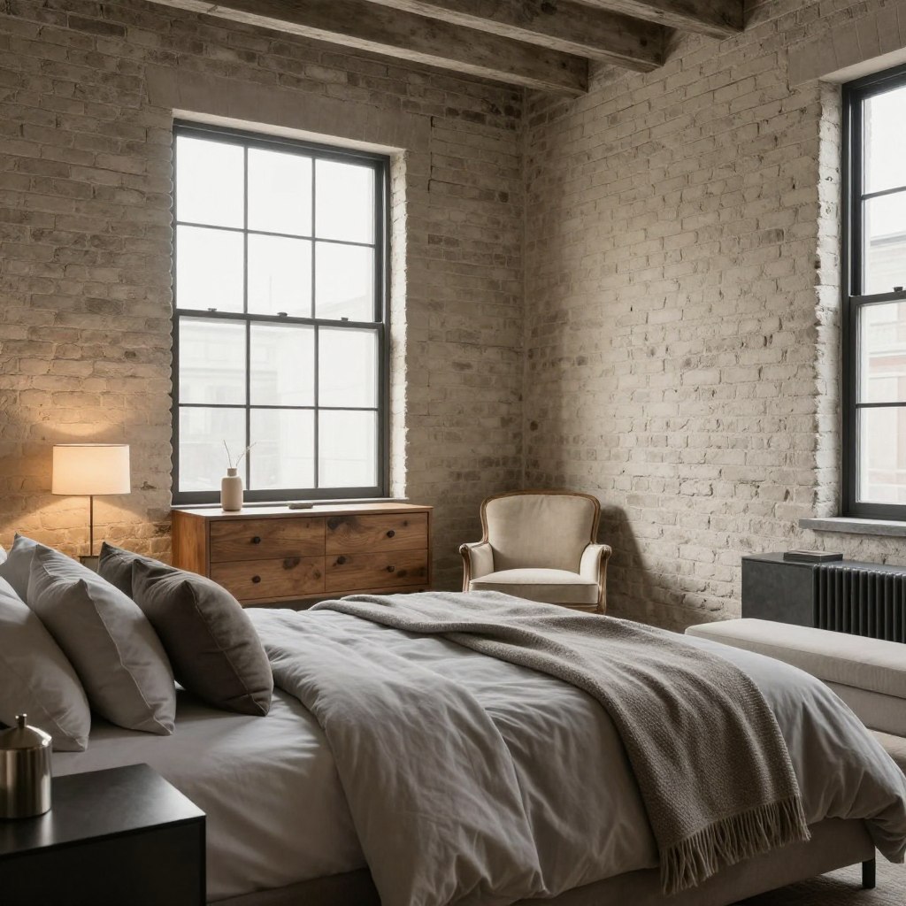 An industrial chic bedroom featuring a refined neutral palette, showcasing exposed brick walls in soft beige tones. In the foreground, a plush, oversized bed with muted gray bedding and textured throw pillows provides comfort and style. Beside the bed, a sleek metal nightstand holds a simple, modern lamp casting a warm glow. The middle ground includes a rustic wooden dresser and a vintage-style armchair upholstered in light fabric. Large windows in the background flood the room with natural light, illuminating the rich, raw textures of the brick and wooden elements. The ceiling features exposed beams, enhancing the industrial vibe. The atmosphere is calm and sophisticated, perfect for relaxation and modern living, with soft shadows adding depth to the neutral color scheme.