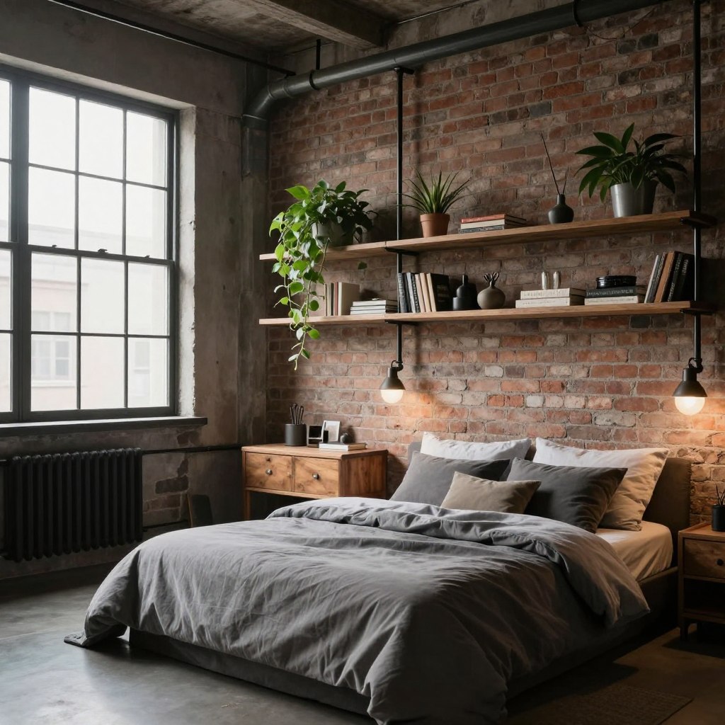 An industrial loft bedroom featuring high ceilings and exposed brick walls, with a large window allowing soft natural light to filter in. The foreground showcases a stylish bed with a plush gray comforter and accent pillows. Beside the bed, open pipe shelving extends along one wall, displaying a curated selection of plants, books, and vintage decor items. The middle area includes a rustic wooden nightstand with industrial-style lighting. The background highlights the charm of the brickwork and an overhead pipe fixture, emphasizing an urban atmosphere. The overall mood is cozy yet modern, with a minimalistic color palette of grays, browns, and earthy tones, captured in a warm, inviting ambience.