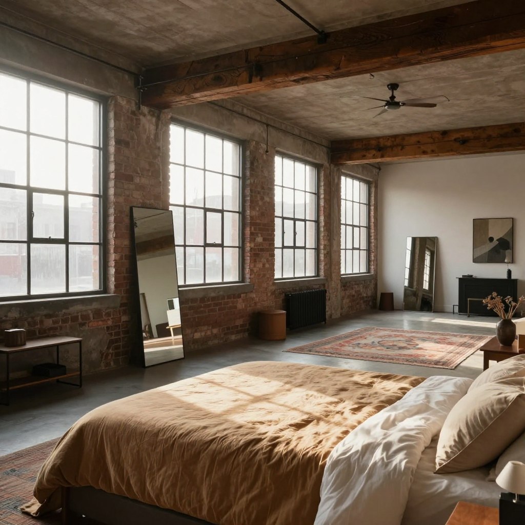An industrial loft bedroom featuring spacious factory-style windows that flood the room with natural light. The foreground showcases a large, inviting bed with warm, textured linens, complemented by minimalist bedside tables. A rustic wooden beam runs along the ceiling, enhancing the industrial vibe. In the middle ground, a stylish, vintage rug adds a touch of coziness, while a full-length mirror reflects the abundant light streaming through the windows. The background highlights exposed brick walls, harmonizing with the overall raw aesthetic. The scene is illuminated with soft, diffused sunlight, creating a warm and welcoming atmosphere. The angle captures the depth of the room, emphasizing the high ceilings and open layout, inviting the viewer to experience this serene urban retreat.
